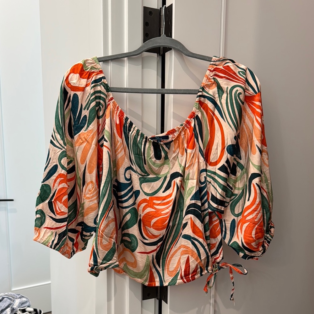 Orange and Green Ruched Tie Front Blouse with 3/4 Sleeves